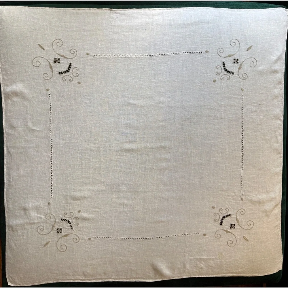 Vintage Off White Linen Square Tablecloth Embroidered Cutwork 33x33 inch